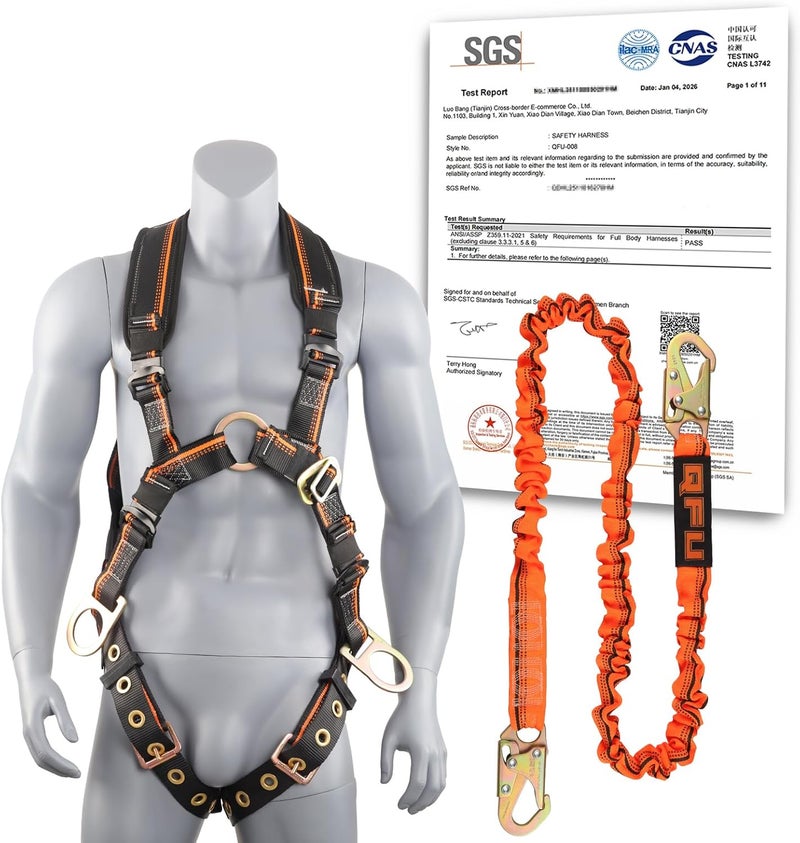 QFU Full Body Safety Harness & Fall Protection Kit with Padded Straps, ANSI Compliant, Includes Shock-Absorbing Lanyard for Roofing, Construction and Industrial Use - Image 1